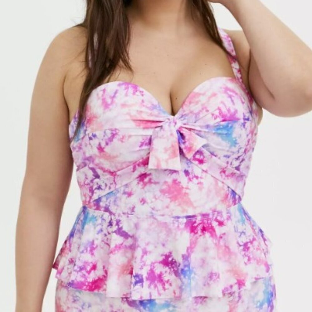 Torrid Underwire Tie-Front Peplum Midkini Top Pink Tie Dye Size 1 D/DD